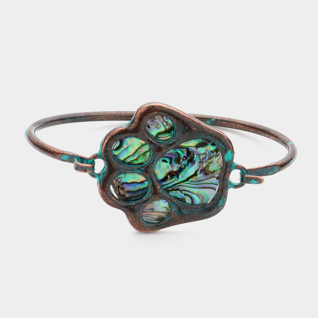 Abalone Paw Print Patina Verdigris Style Cuff Hook Bracelet Bangle